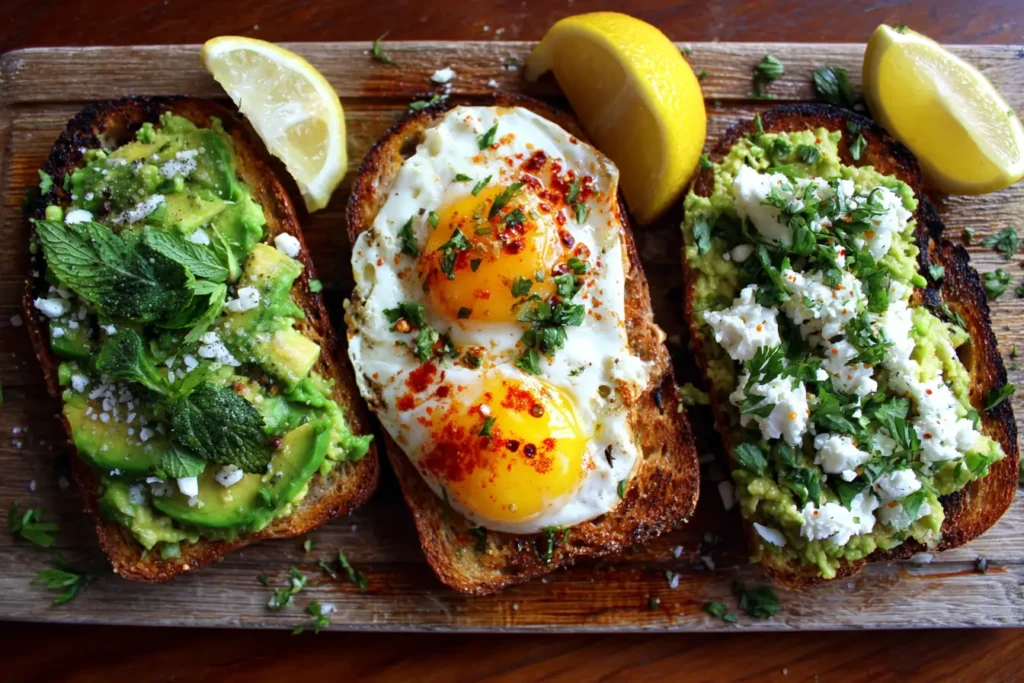 Three smashed broad beans and avocado toasts with different toppings