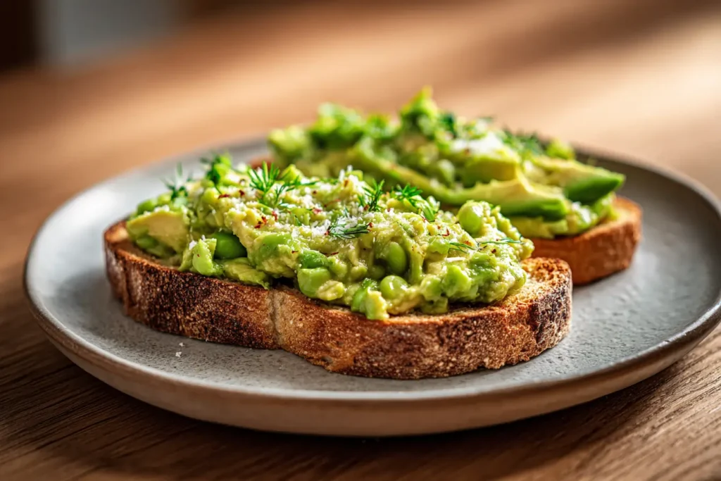 Smashed broad beans and avocado on toast on a plate