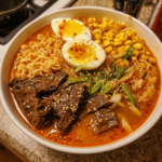 Spicy miso braised beef ramen in a large bowl with noodles, braised beef, soft-boiled egg, scallions, and chili oil
