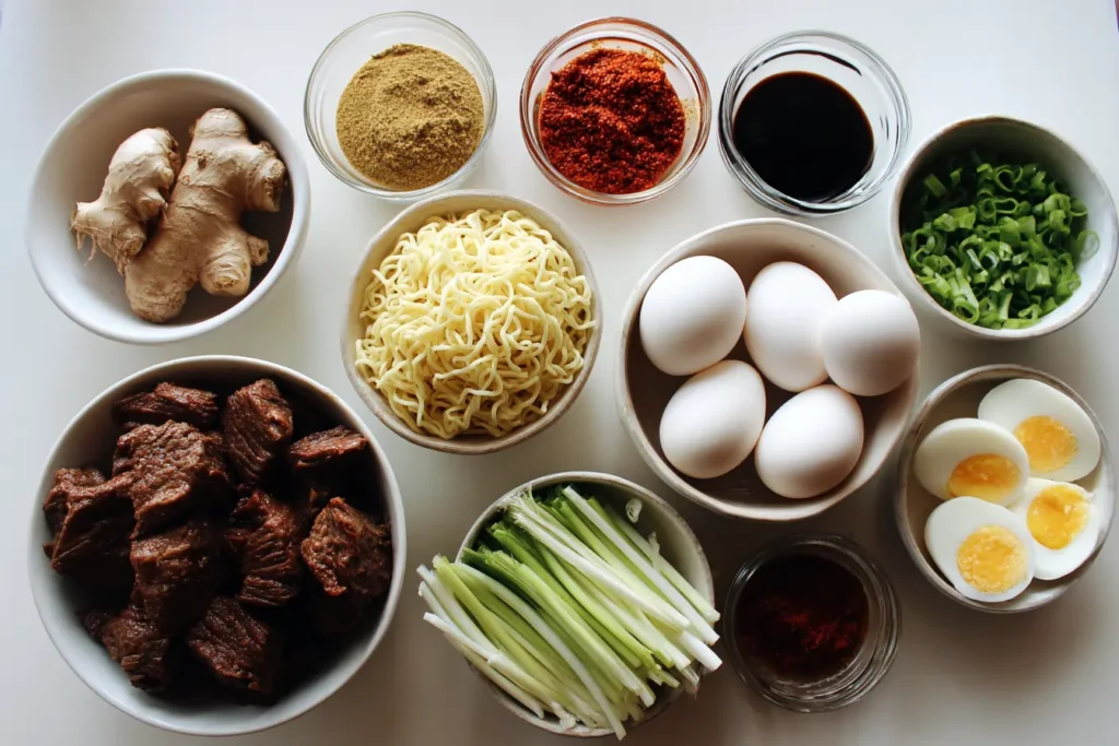 Overhead flat lay of beef chunks, miso paste, chili paste, soy sauce, garlic, ginger, ramen noodles, eggs, and scallions on a white counter for spicy miso braised beef ramen