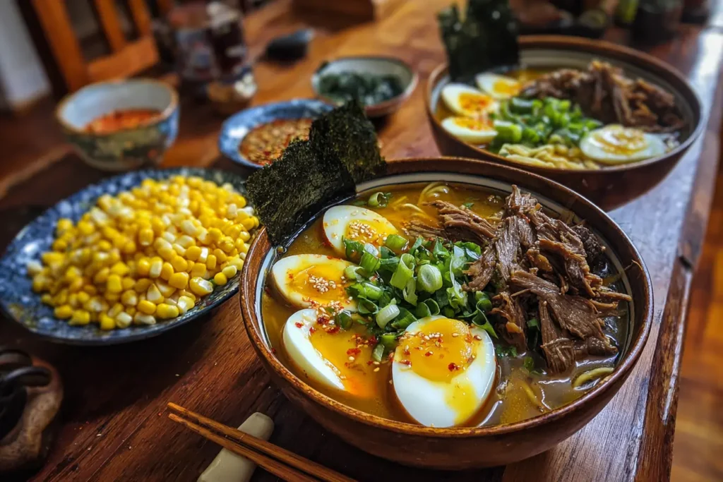 Small bowls of sliced scallions, corn, soft-boiled eggs, chili oil, sesame seeds, and nori strips arranged on a wooden table for topping spicy miso braised beef ramen