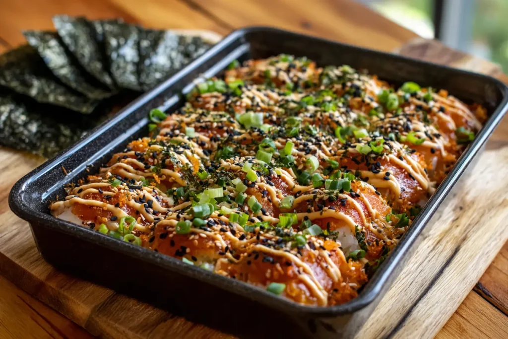 Finished spicy salmon sushi bake topped with green onions, sesame seeds, and spicy mayo, served with nori sheets on a wooden table.