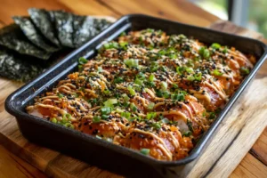 Finished spicy salmon sushi bake topped with green onions, sesame seeds, and spicy mayo, served with nori sheets on a wooden table.