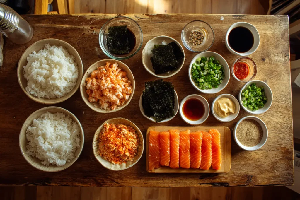 Overhead flat lay of sushi rice, salmon, Kewpie mayo, sriracha, furikake, soy sauce, nori sheets, and green onions arranged on a wooden table.