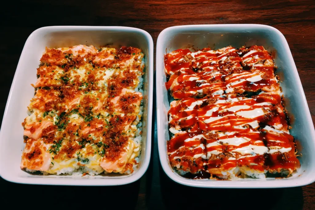 Split baking dish showing mild creamy salmon sushi bake on one side and extra spicy sriracha-topped version on the other.