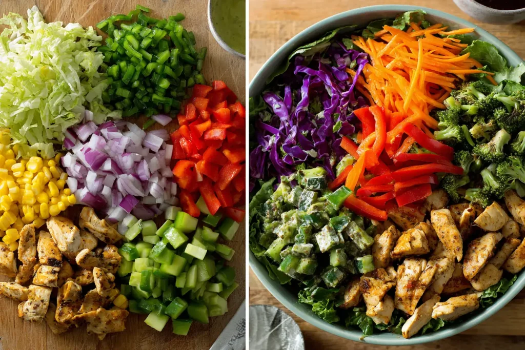 Side-by-side image of chopped ingredients next to a finished Spicy Southwest Salad in a bowl