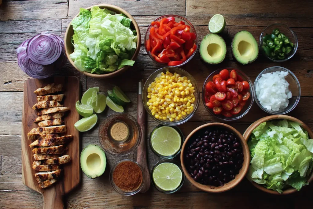Overhead view of chopped romaine, veggies, beans, corn, avocado, chicken, and dressing ingredients for Spicy Southwest Salad