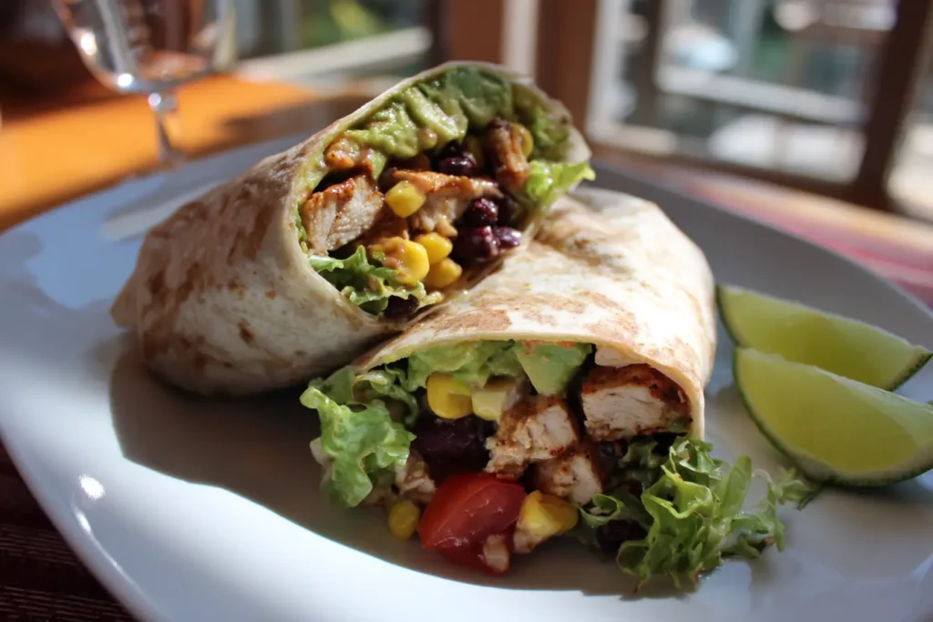 Spicy Southwest Salad wrapped in a flour tortilla with chicken, beans, corn, avocado, and lettuce