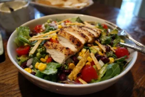Spicy Southwest Salad in a white bowl with grilled chicken, black beans, corn, avocado, and tortilla strips