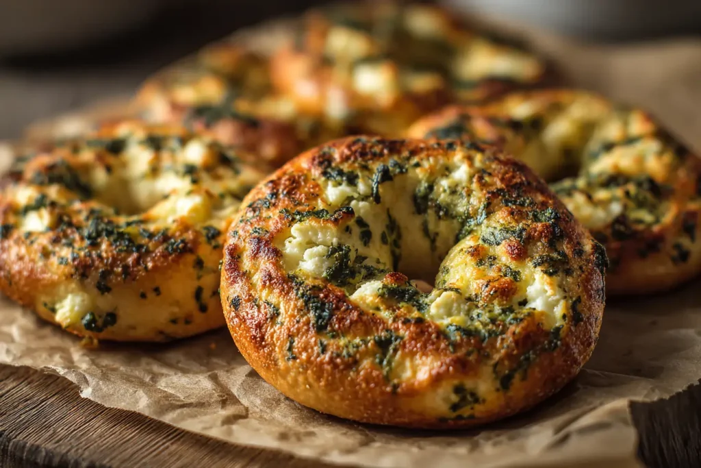 spinach cottage cheese flat bagels on parchment paper