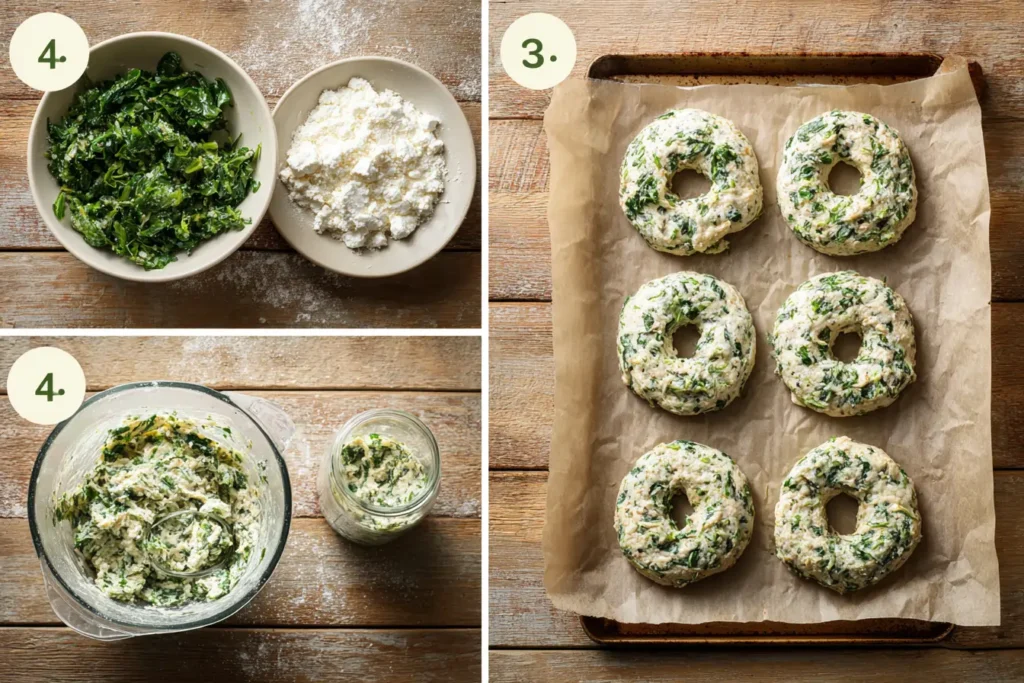 step by step spinach cottage cheese flat bagels process collage