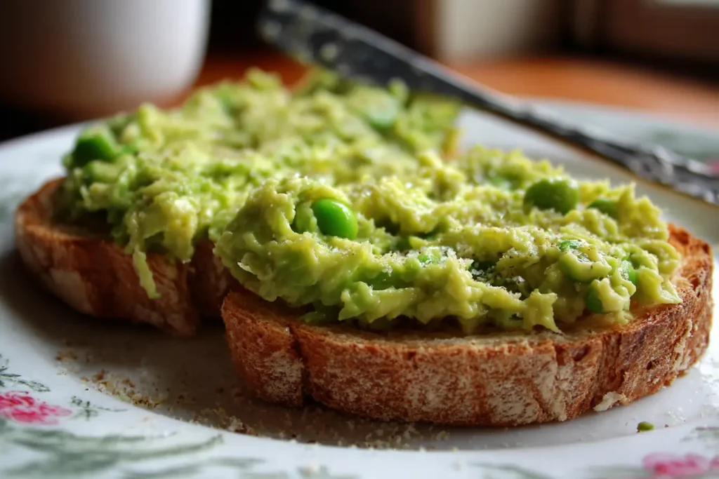 Spreading smashed broad beans and avocado on toasted sourdough