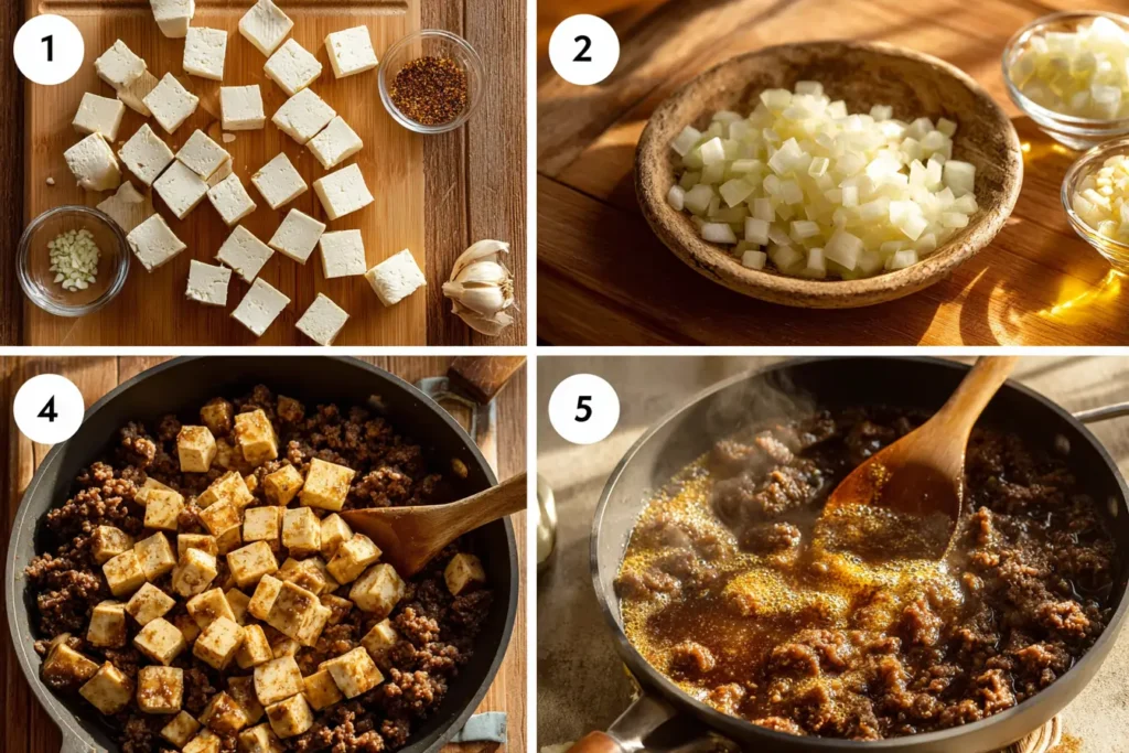Four-step visual guide showing tofu prep, browning beef, adding tofu and simmering sauce for tofu and beef one pot