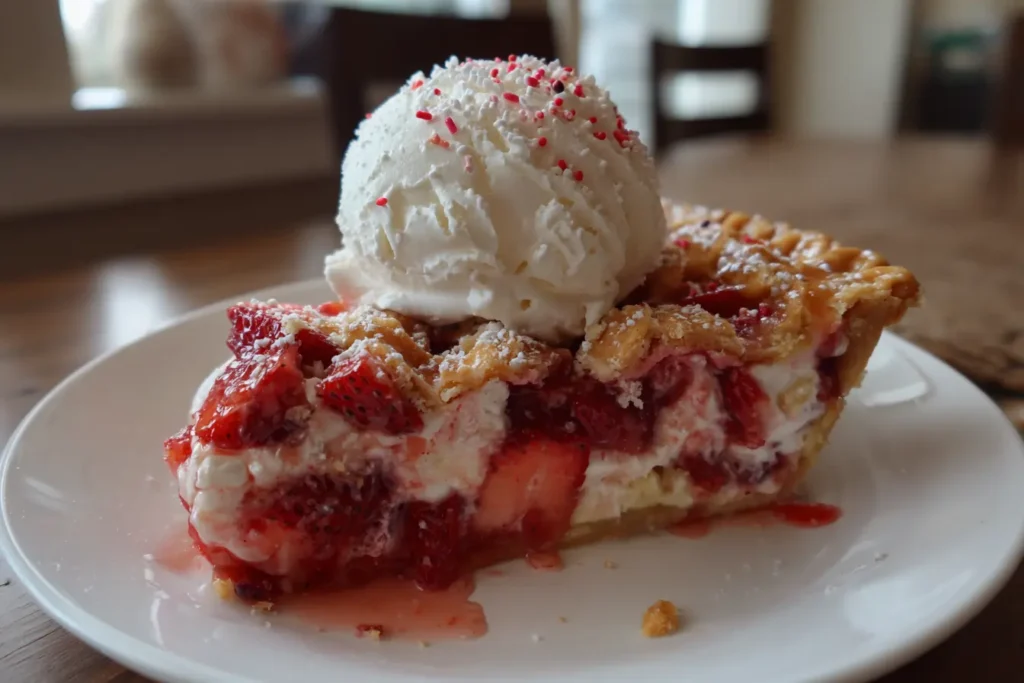 Slice of Strawberry Pop Tart Pie with set icing and sprinkles