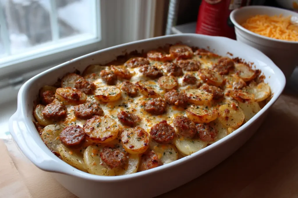 Layered swamp potatoes with potatoes, sausage, and ranch seasoning before cooking