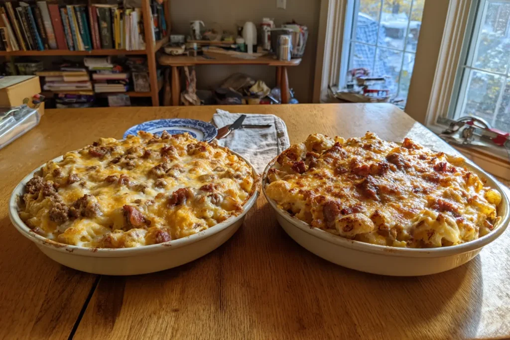 Two bowls of swamp potatoes showing a moderate serving next to an oversized serving