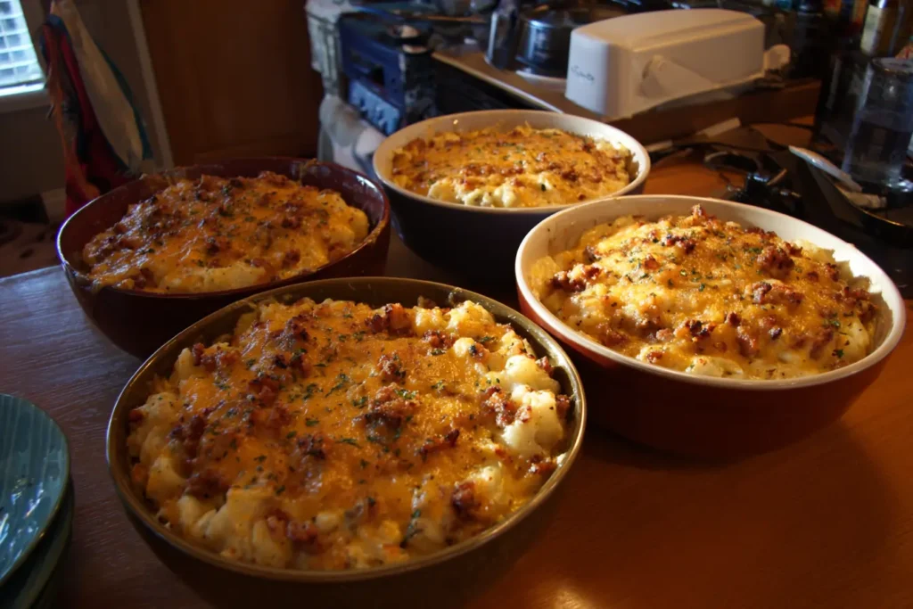 Three bowls of swamp potatoes variations: classic sausage, bacon, and spicy pepper jack