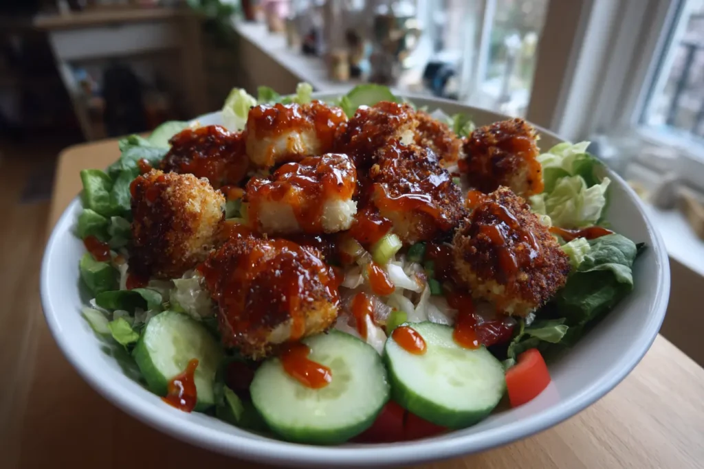 Sweet chili halloumi bowl with rice or greens and fresh veggies. Sweet chili halloumi wraps