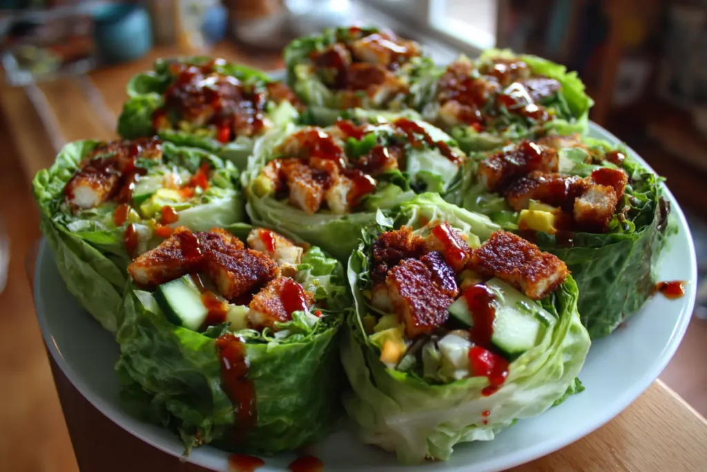 Lettuce wraps filled with sweet chili halloumi, cucumber, and bell pepper