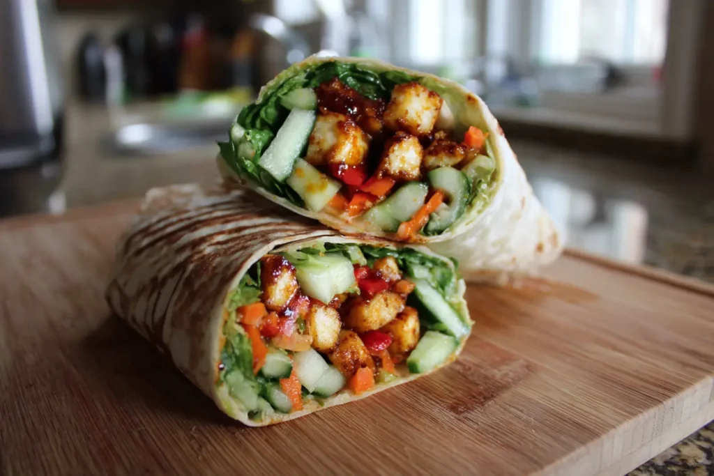 Sweet chili halloumi wrap being folded with crispy halloumi and veggies