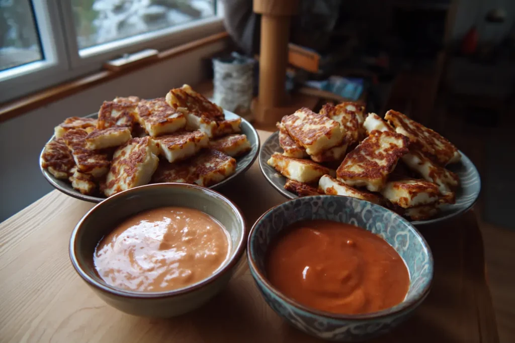 Sweet chili sauce and sweet chili mayo bowls beside crispy halloumi