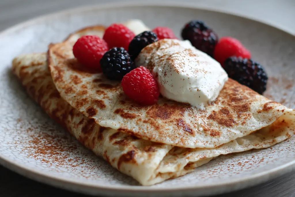 cottage cheese flatbread folded with yogurt and berries and a light cinnamon dusting