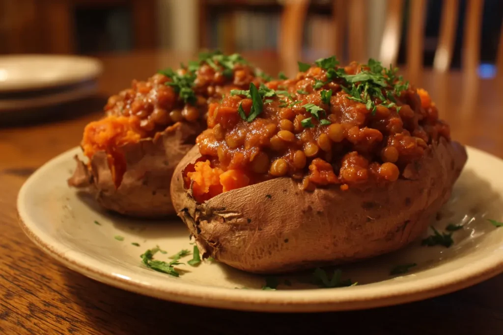 Baked sweet potato stuffed with lentil sloppy joe filling and fresh herbs