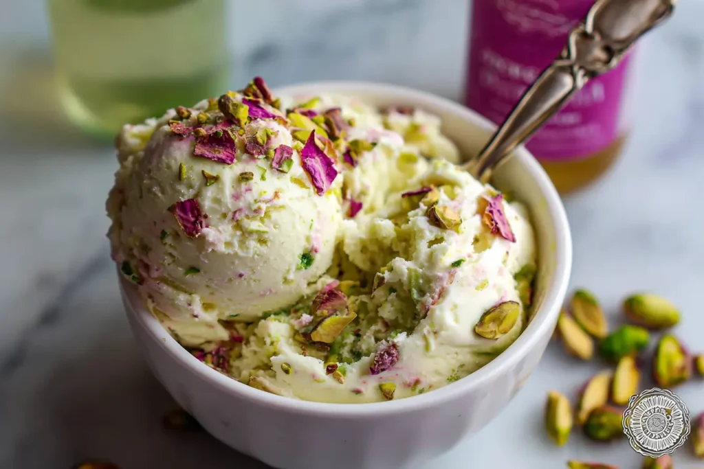 Tasting creamy rose pistachio ice cream base before freezing