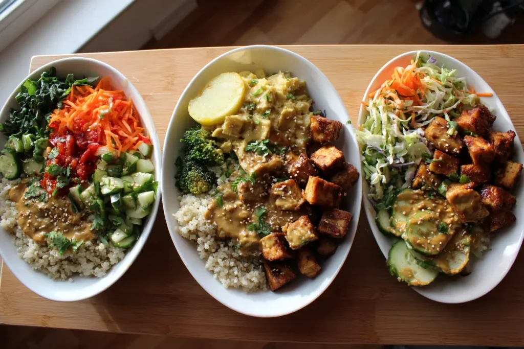 Three tempeh Buddha bowls with different sauces and toppings on a wooden table