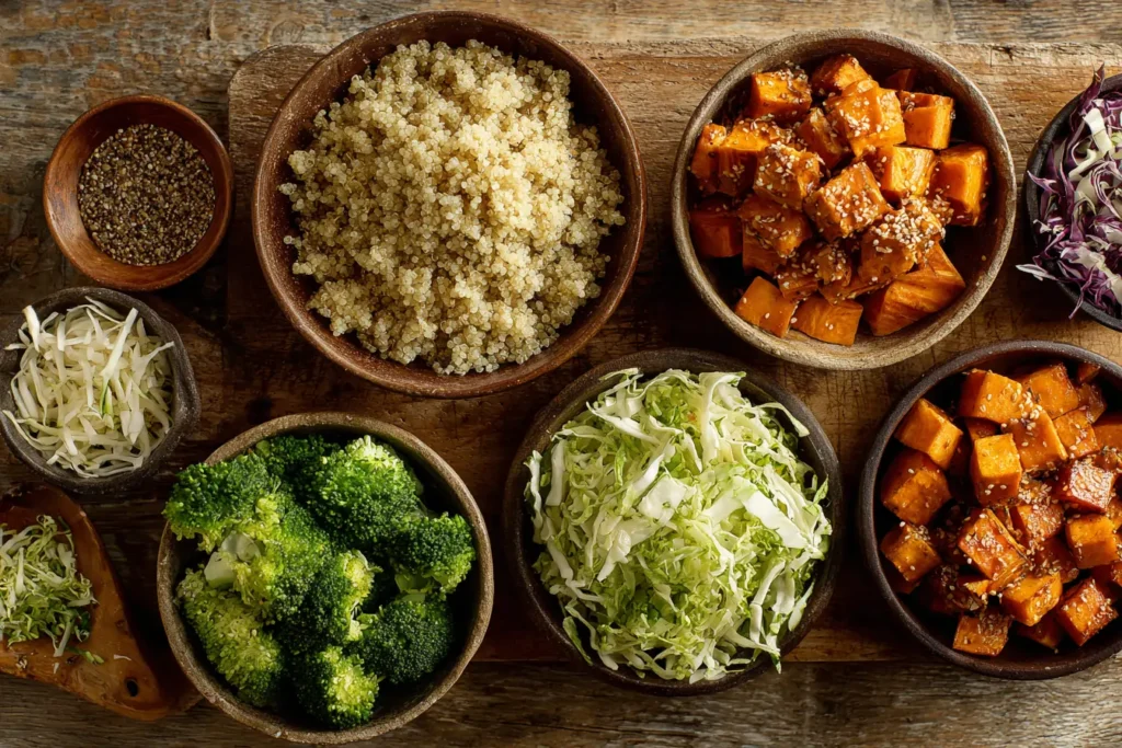 Flat lay of cooked quinoa, roasted sweet potatoes, broccoli, and shredded cabbage in small bowls on a wooden counter