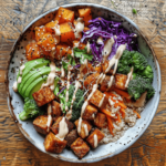Colorful tempeh Buddha bowl with crispy tempeh, quinoa, roasted sweet potatoes, broccoli, cabbage, and tahini sauce