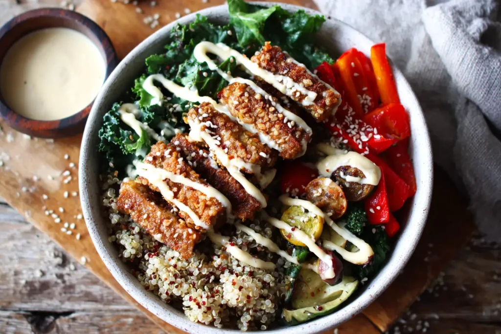 Overhead view of a tempeh Buddha bowl with crispy tempeh, quinoa, roasted vegetables, greens, and tahini drizzle