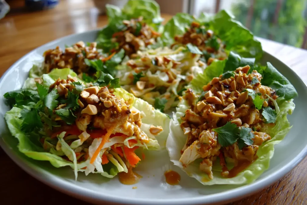 Thai peanut chicken lettuce wraps topped with slaw, peanut sauce, and peanuts on a white plate