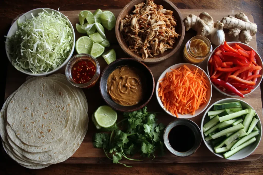 Overhead view of ingredients for Thai Peanut Chicken Wraps on a wooden table