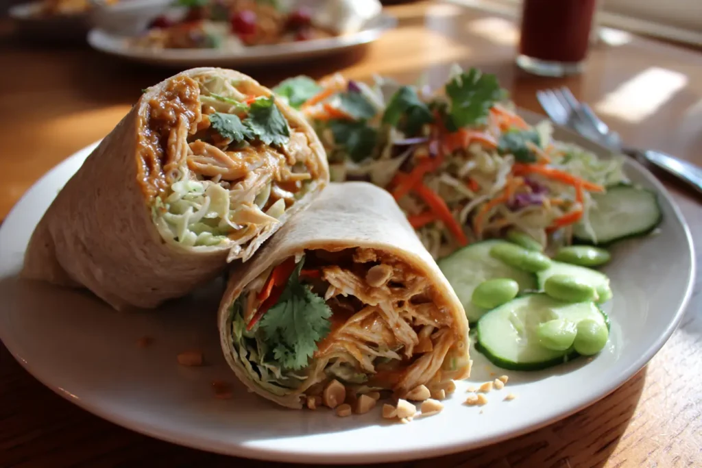 Thai Peanut Chicken Wraps with cucumber salad and edamame on a plate