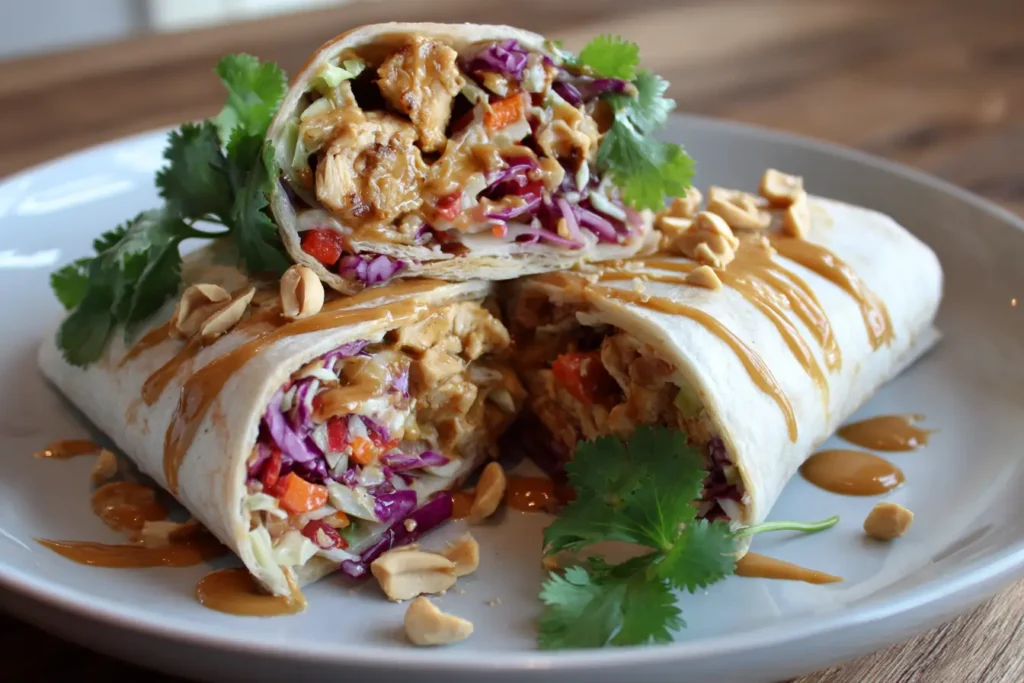 Thai Peanut Chicken Wraps cut in half on a white plate with slaw and peanut sauce