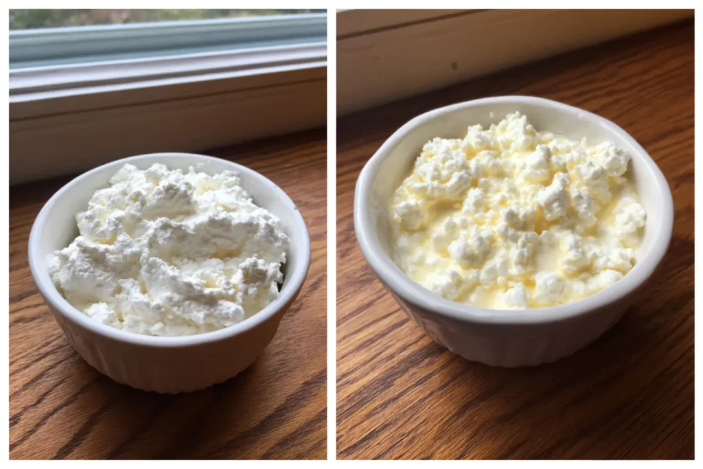 two bowls showing thick cottage cheese beside watery cottage cheese with visible liquid for flatbread comparison
