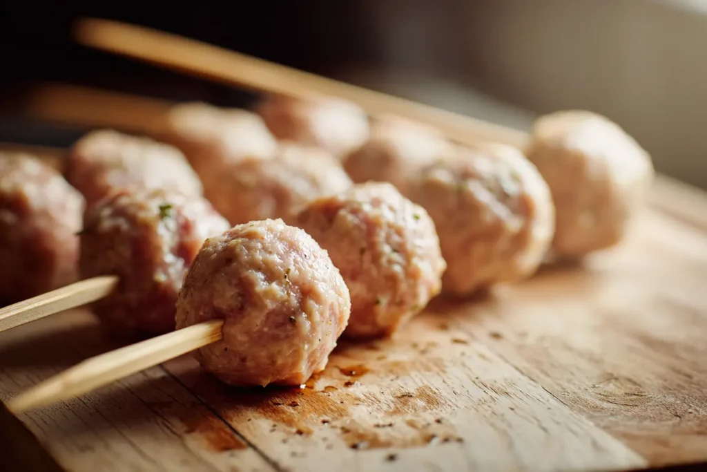 Hands threading raw chicken meatballs onto wooden skewers for tsukune