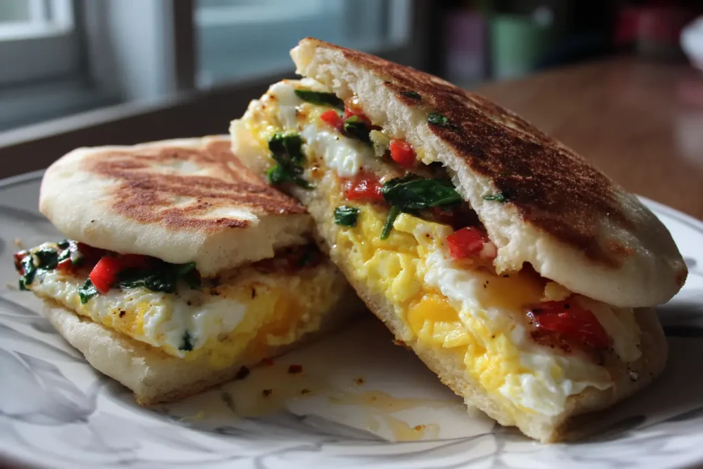 Mediterranean breakfast sandwich cut in half on a plate with egg, tomato, spinach, hummus and feta visible
