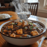 Cozy bowl of tofu and beef one pot served over rice with scallions