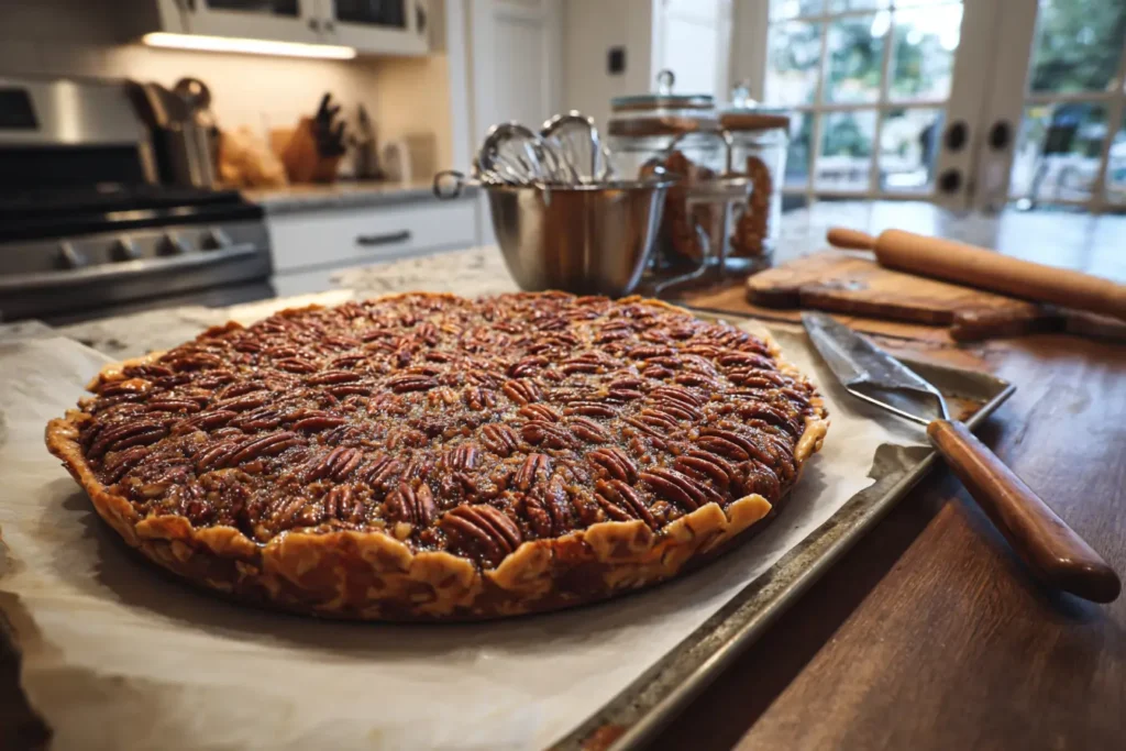 Baking sheet, parchment, saucepan, and tools for pecan pie bark