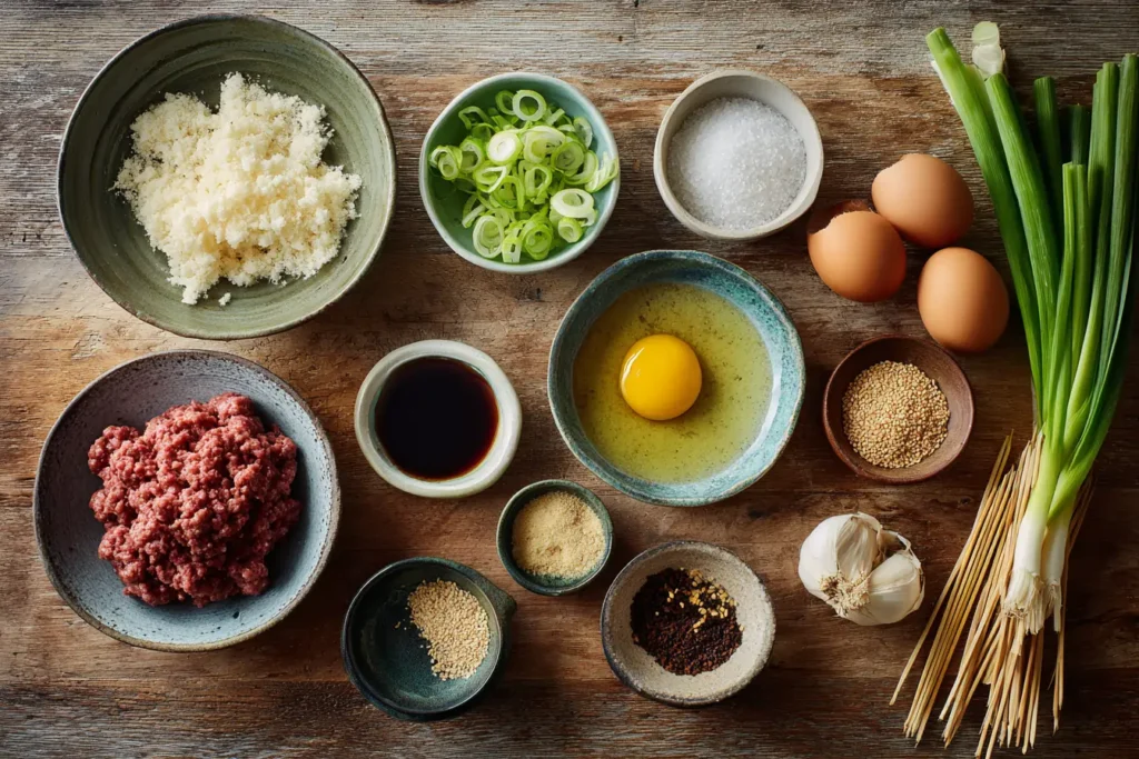 Flat lay of ground chicken, grated onion, panko, egg, soy sauce, mirin, ginger, garlic, scallions, and skewers for tsukune