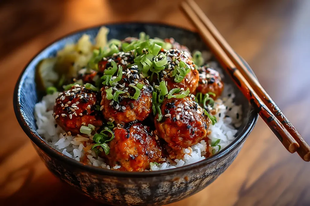 Finished tsukune chicken meatball skewers with caramelized tare glaze, sesame seeds, and scallions