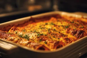 Close-up of cheesy baked Buffalo Chicken Enchiladas fresh from the oven