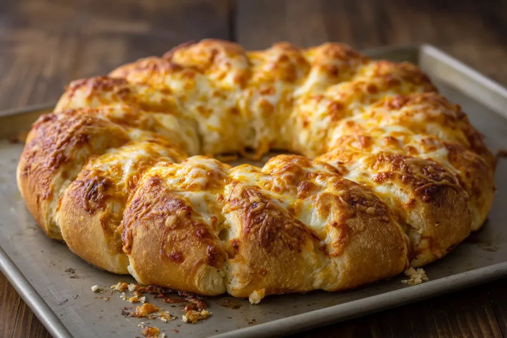 Fully baked crescent breakfast ring with eggs, cheese, and bacon on a baking tray