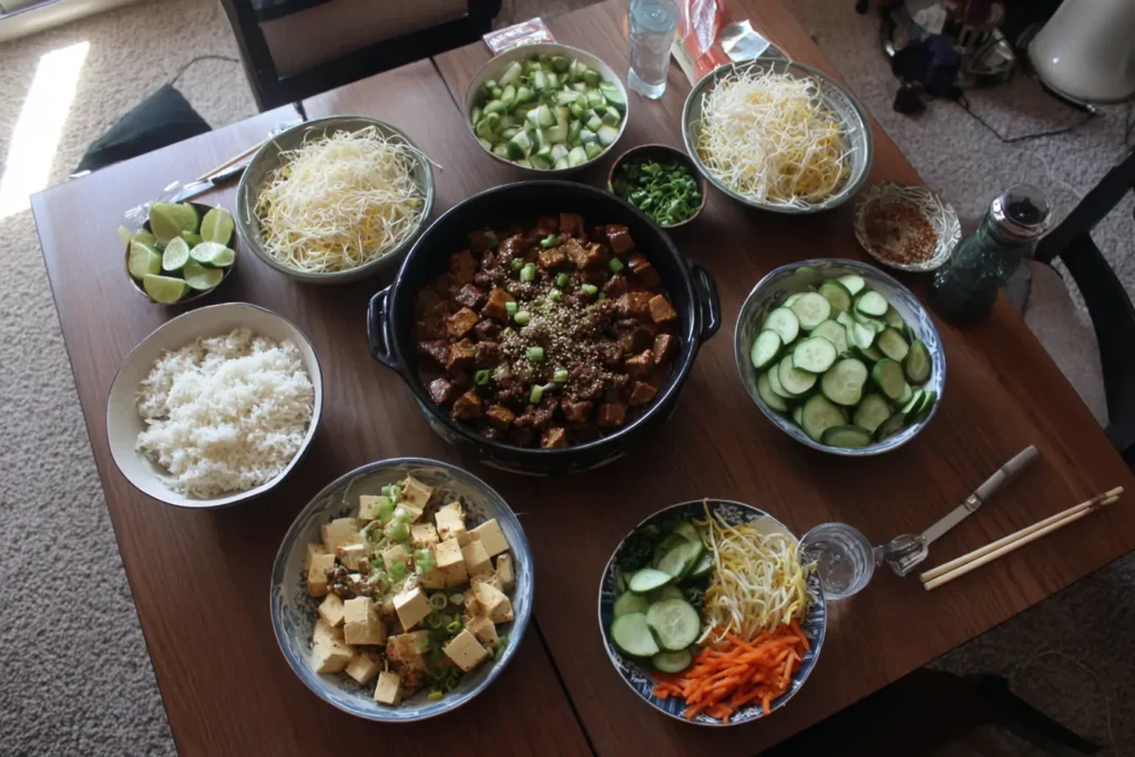 Dinner table with tofu and beef one pot in center surrounded by bowls of rice, noodles and fresh toppings
