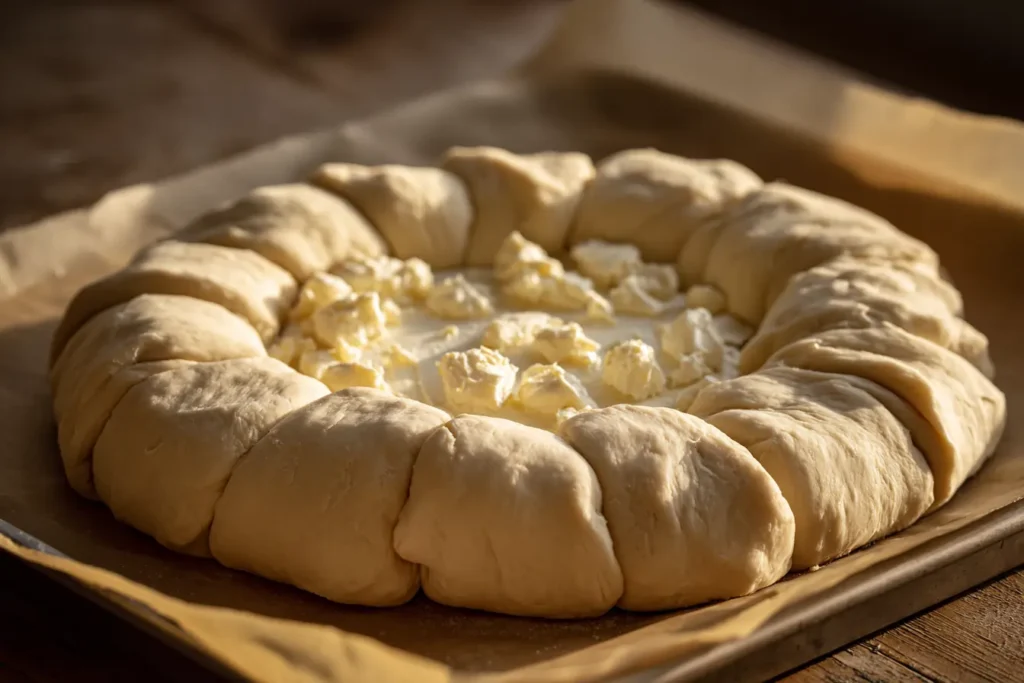 unbaked bread wreath with baked brie assembled on a parchment-lined tray
