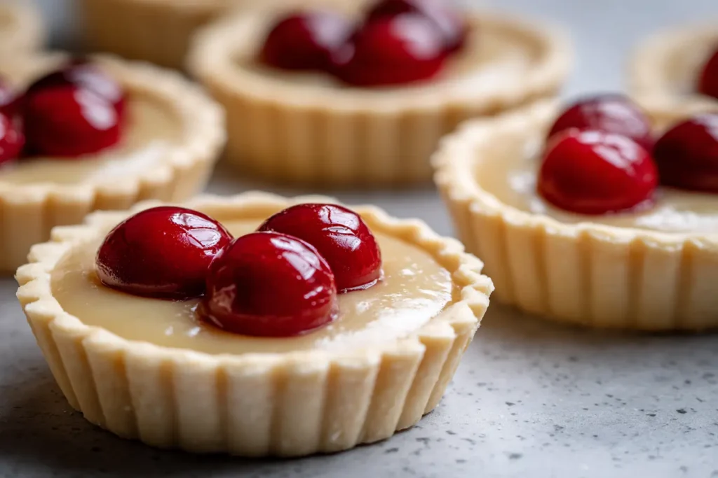 Finished cherry bakewell tarts with smooth icing and a cherry on top