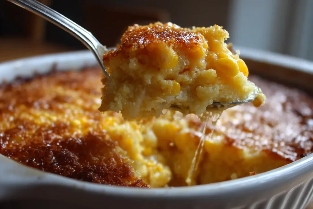 Vegan corn casserole with creamy center and golden edges