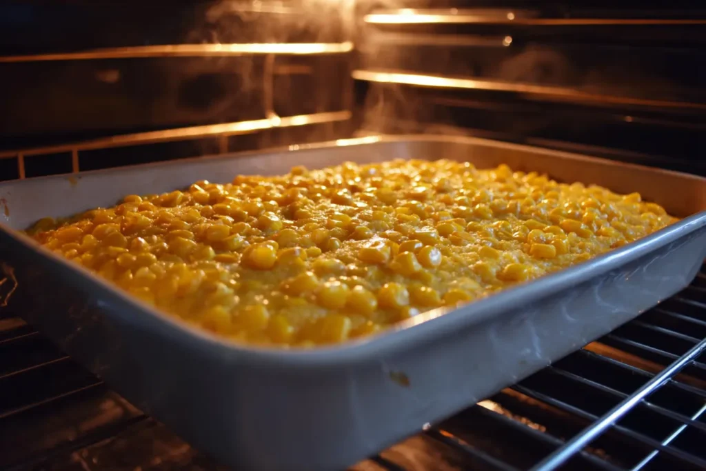 Vegan corn casserole baking in the oven halfway through